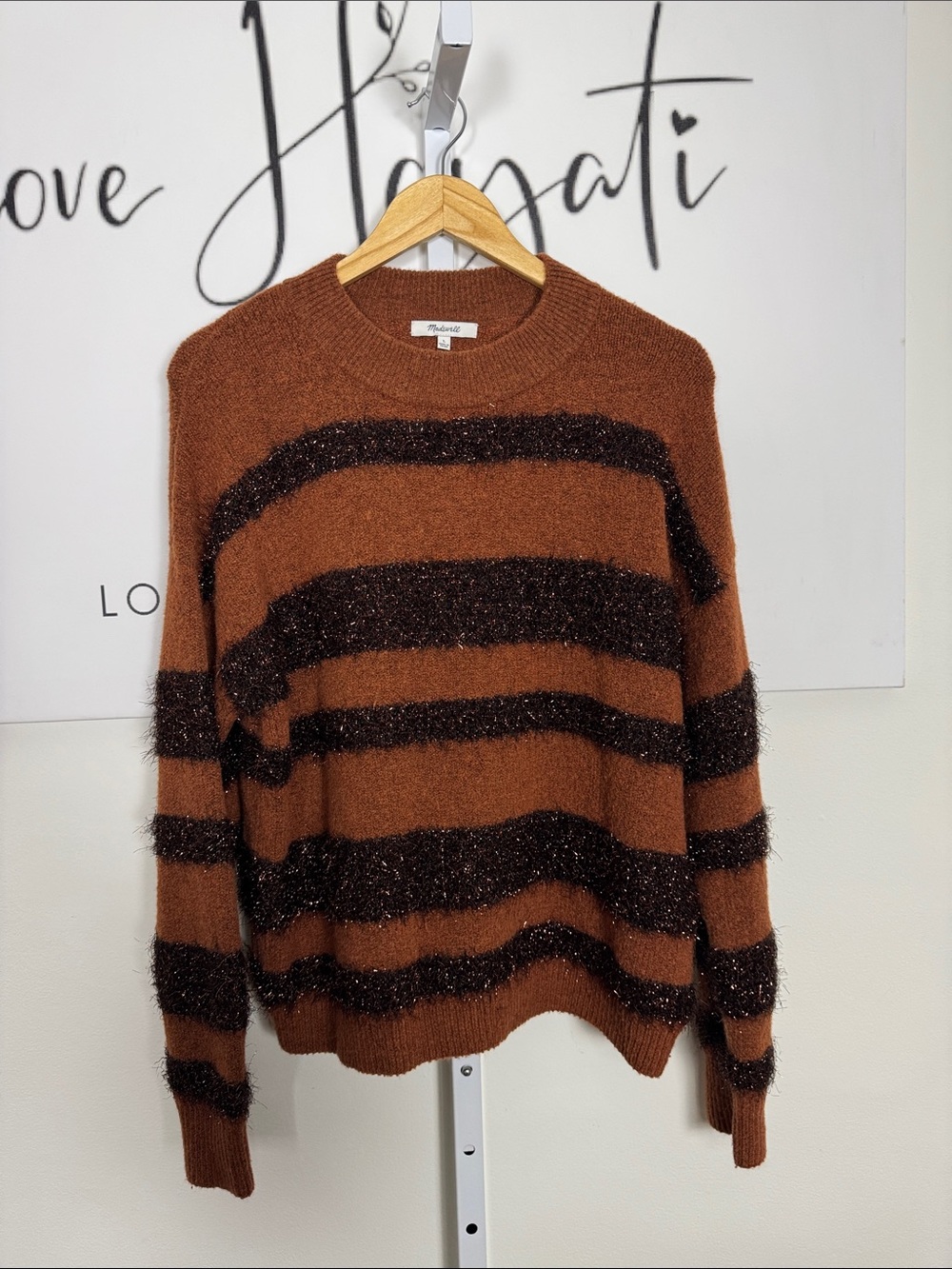 Madewell Brown Crewneck Sweater with Black Stripes Size Large Tinsel Metallic